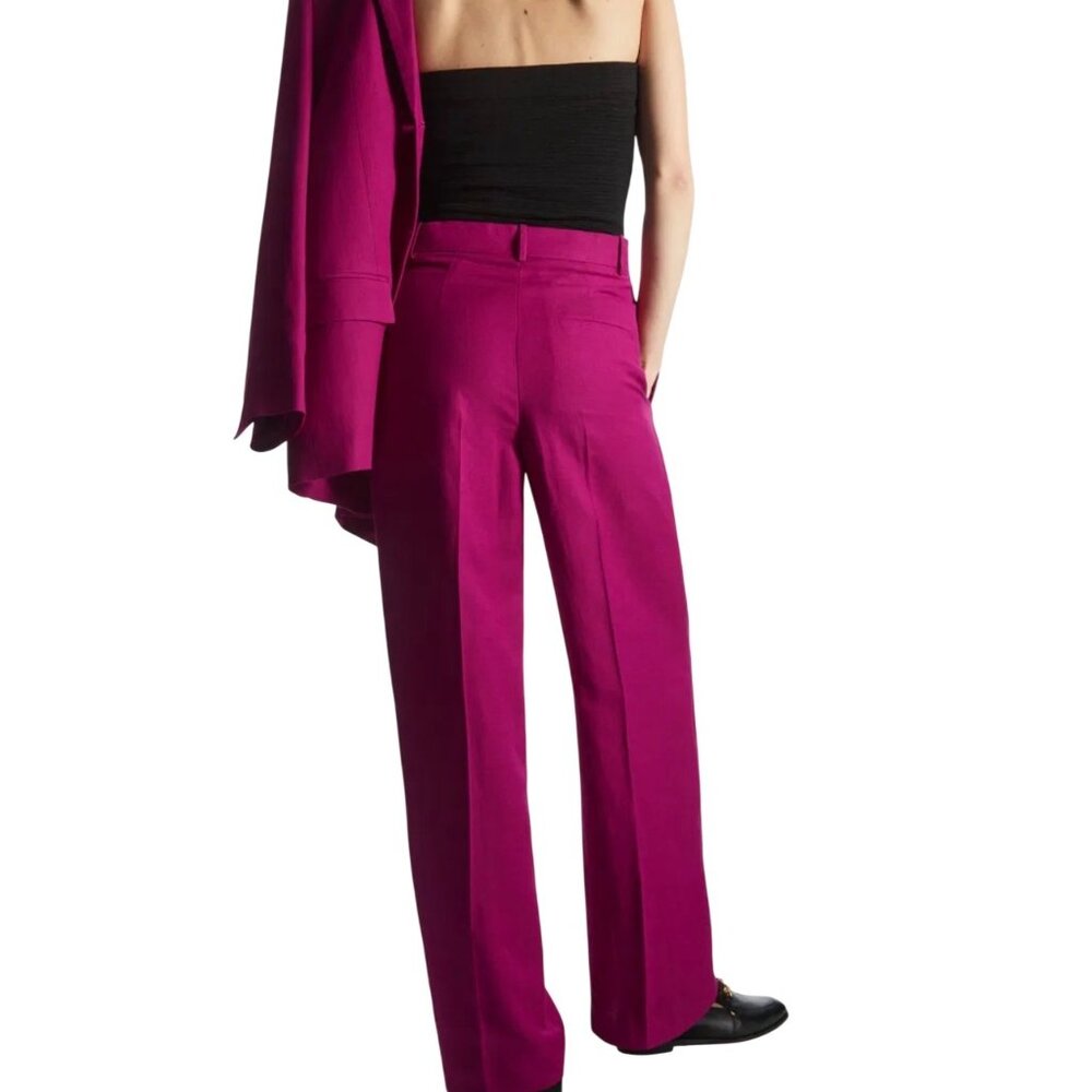 COS Womens Fuchsia Wide-Leg Pleated Linen-Blend Trousers Size 4 - Picture 2 of 10